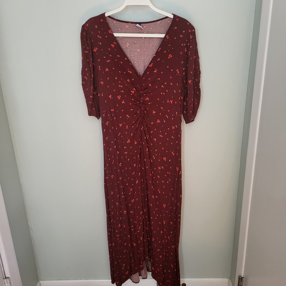 Women Large V-Neck Ruched Midi Dress Burgundy Flower Print Boho Festival